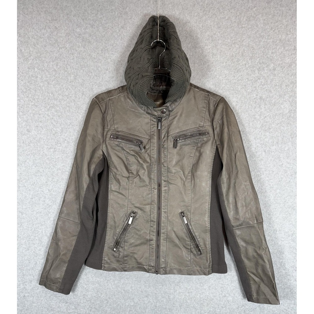 Maurices Jacket Womens Medium Gray Faux Leather Knit Hooded Moto Zip Pockets